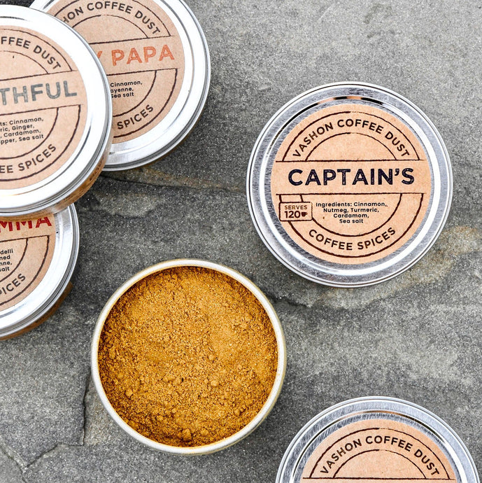 Captain's Coffee Dust tin - coffee spices - cinnamon, nutmeg, turmeric, cardamom