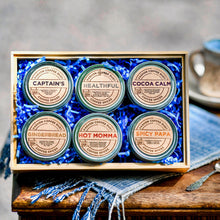 Load image into Gallery viewer, 6 tins of Coffee Dust fun in a giftable bamboo box - Gingerbread, Captain&#39;s, Healthful, Cocoa Calm, Hot Momma and Spicy Papa
