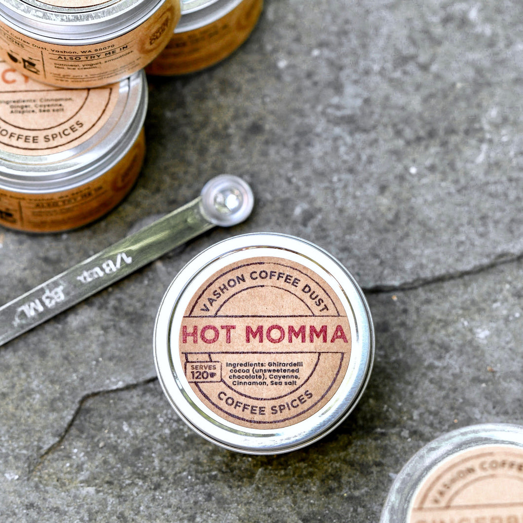 Hot Momma Coffee Dust tin with spoon