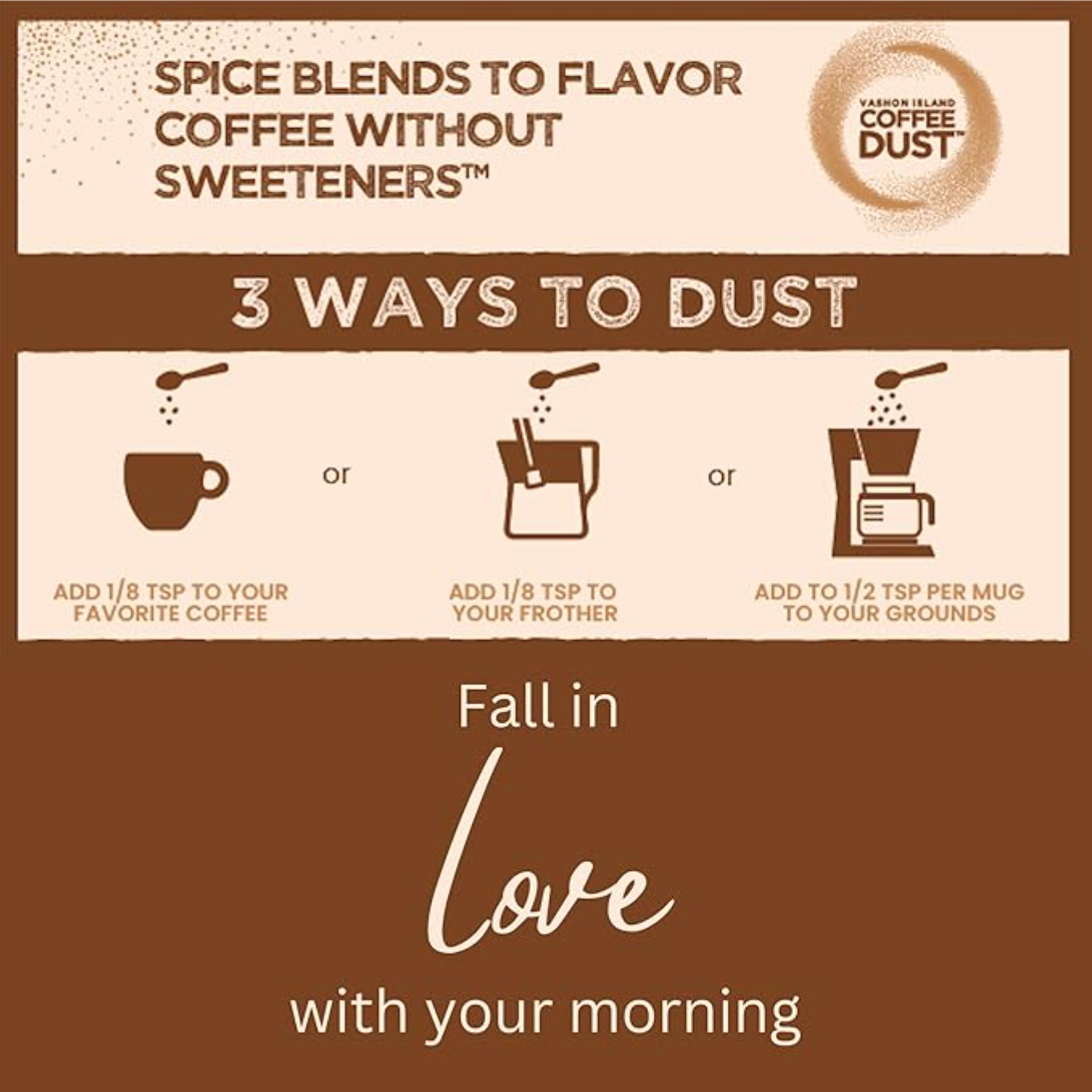 3 ways to use Coffee Dust: add to coffee, froth with milk, add to grounds