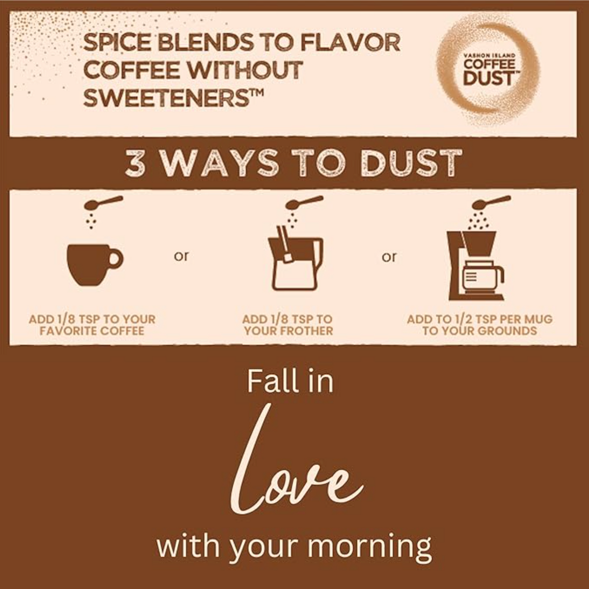 3 ways to use Coffee Dust: add to coffee, froth with milk, add to grounds