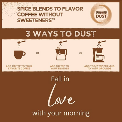 3 ways to use Coffee Dust: add to coffee, froth with milk, add to grounds